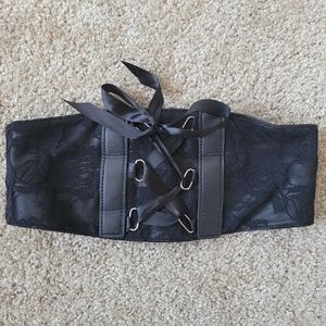 Gothic Black Lace On Vinyl Lace-Up Wide Belt With Elastic Back & Snap Closure